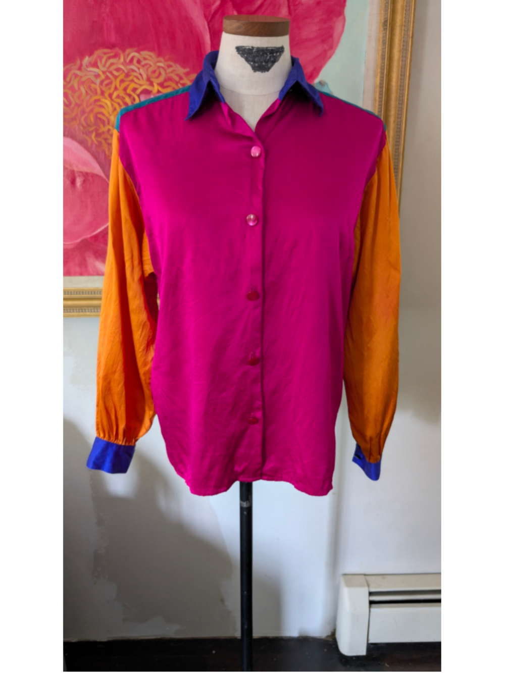Vintage 80s Colorblock Button Down Shirt, Size M, Pink and Orange